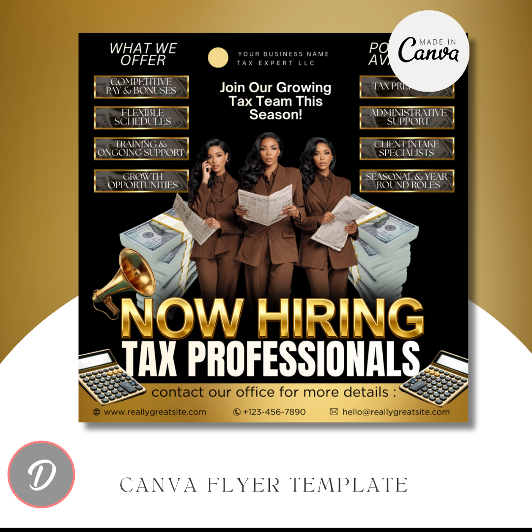 Now Hiring Tax Professionals Flyer Template | Tax Team Recruitment Canva Template | Tax Office Hiring Ad (Copy)