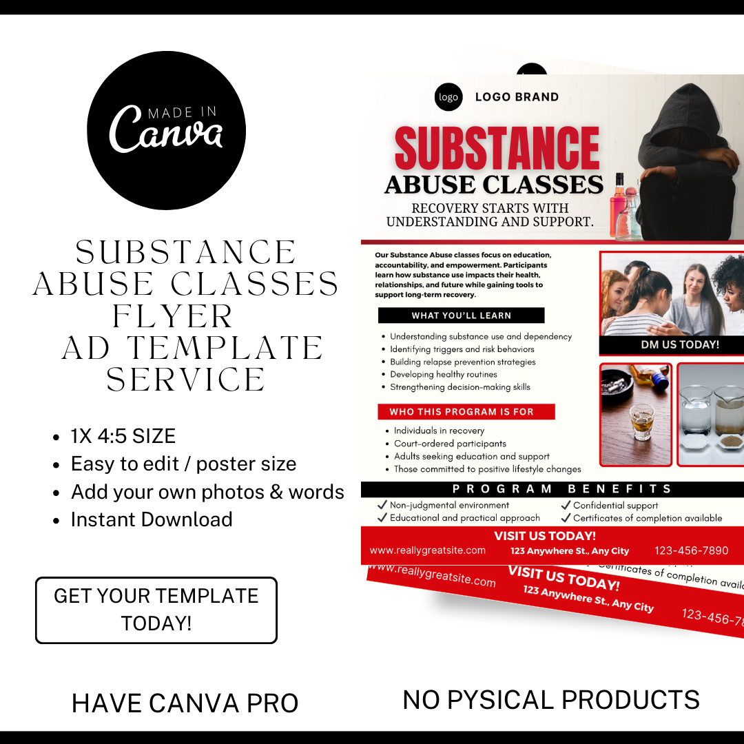 Substance Abuse Class Flyer Template | Recovery Education Program | Court Approved Style | Editable Canva Flyer | Substance Abuse Awareness Class