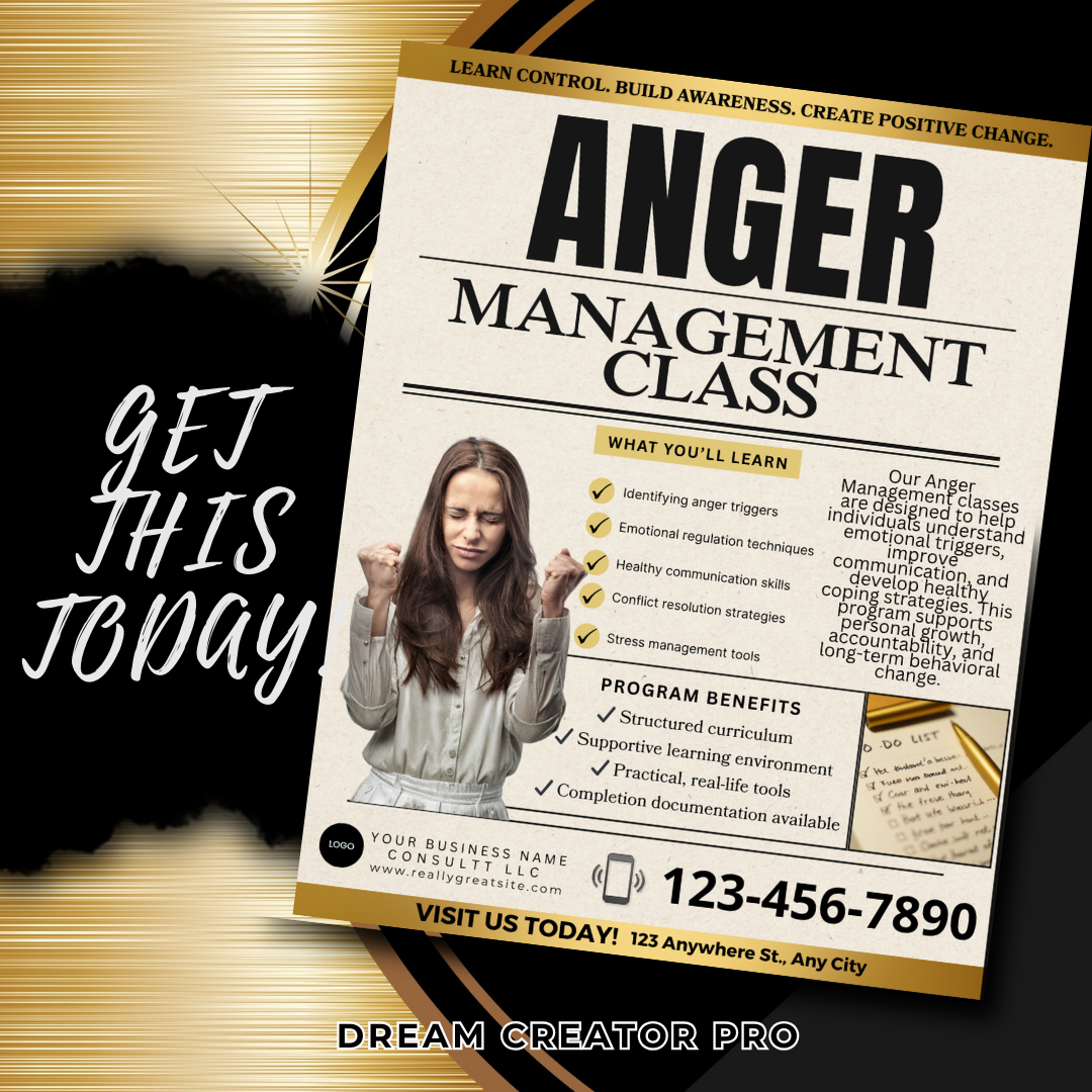 Anger Management Class Flyer | Court Approved Anger Management Program | Editable Canva Template | Counseling & Life Skills Flyer