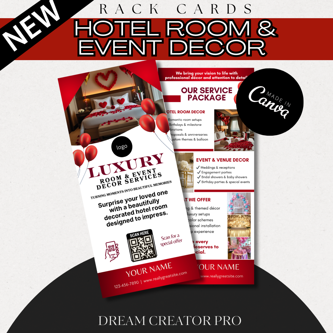 Hotel Room Event Decor Rack Card Template | Wedding, Proposal Party Decor Canva Design | Luxury Room Setup Marketing