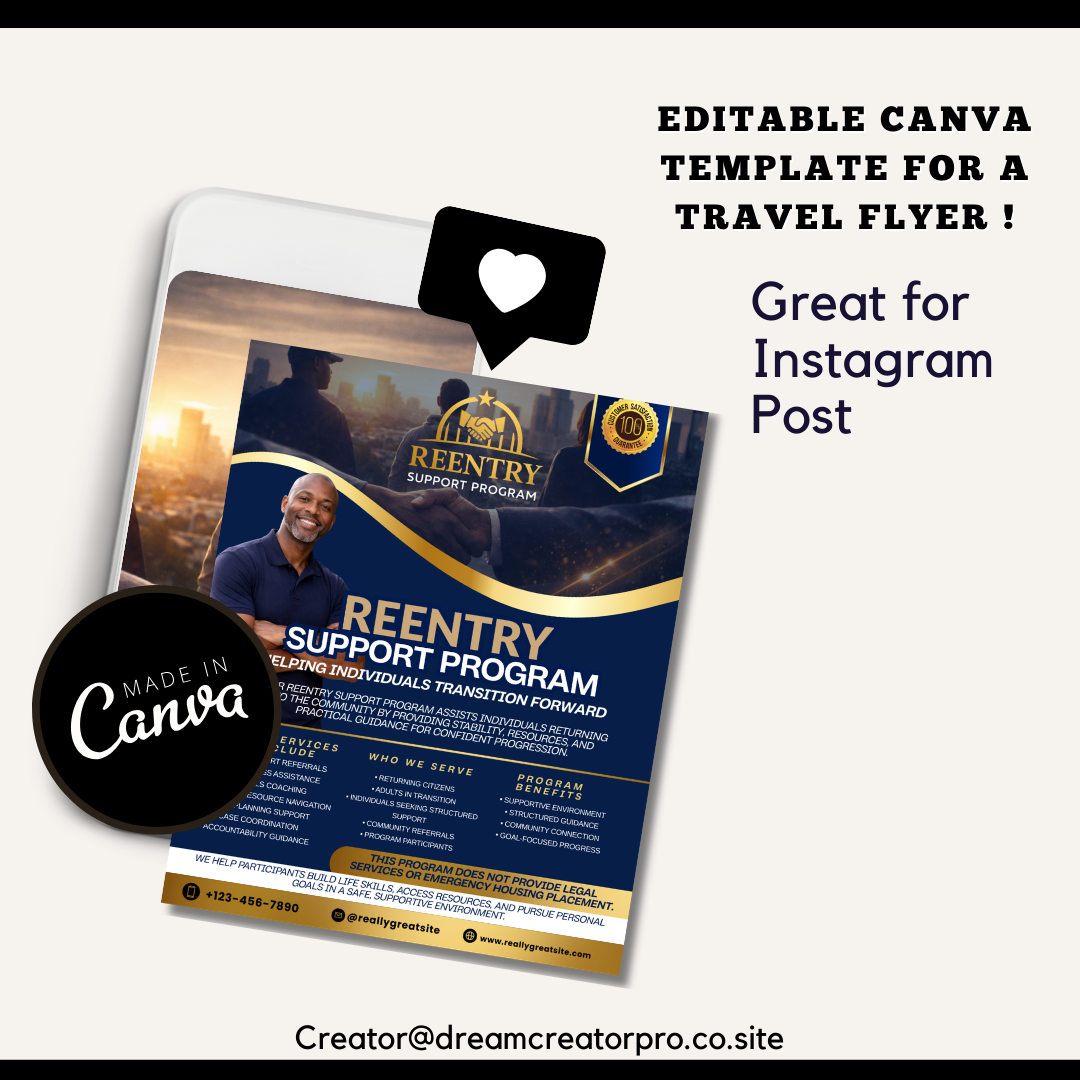 Reentry Program Flyer Template | Editable Canva Community Support Flyer | Returning Citizens Program Marketing Flyer