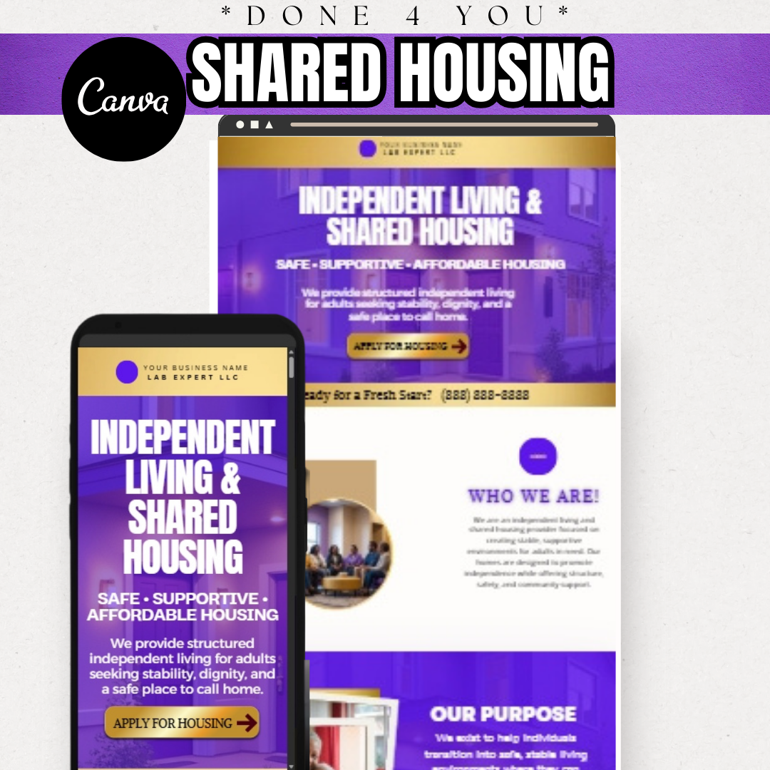 Independent Living Shared Housing Website Template | Editable Canva Site for Transitional Housing, Reentry & Support Services