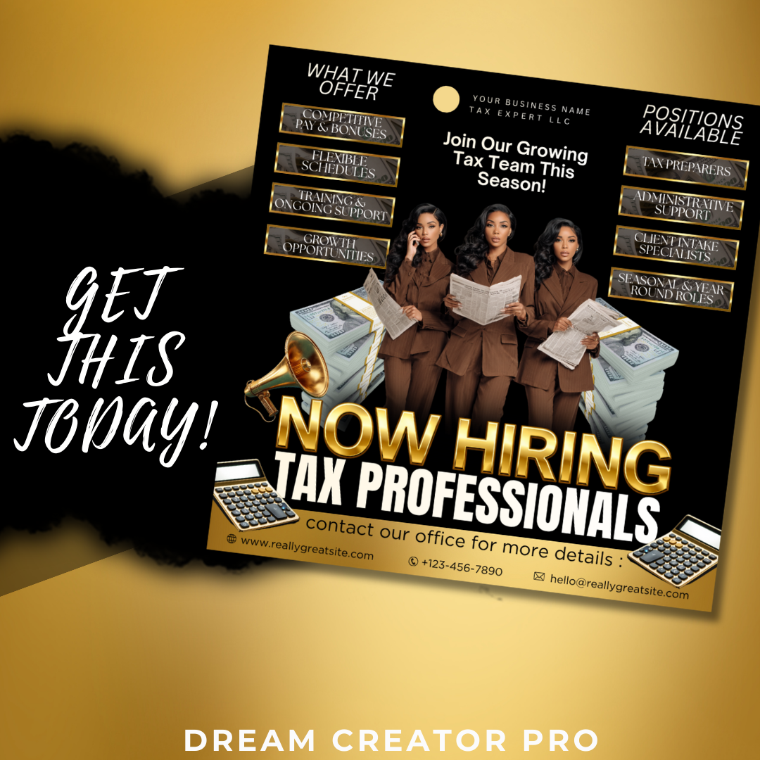 Now Hiring Tax Professionals Flyer Template | Tax Team Recruitment Canva Template | Tax Office Hiring Ad (Copy)