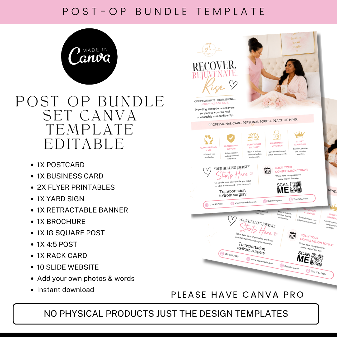 Post Op Care Canva Template Bundle | Luxury Recovery Business Branding Kit | Editable Website, Flyers, Brochure & Social Media Templates