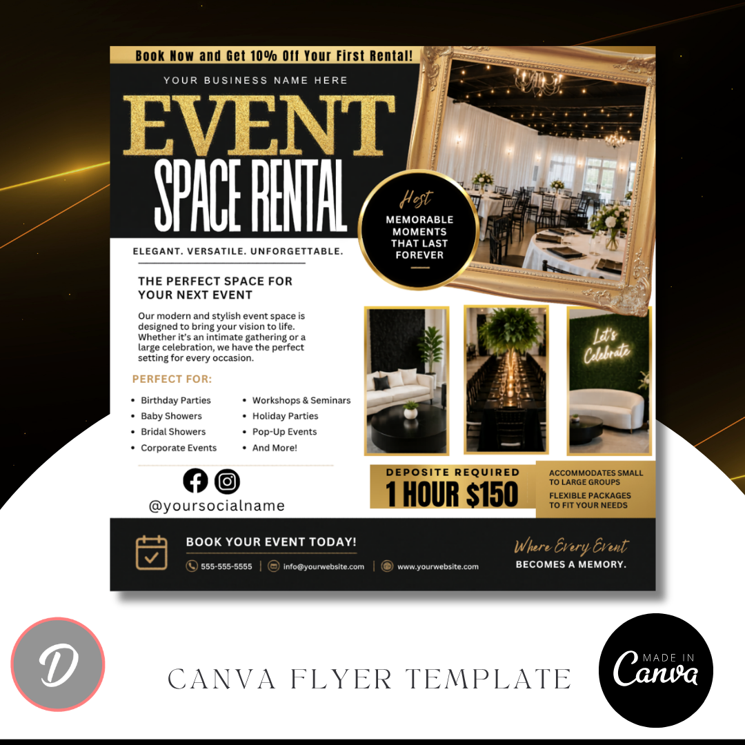 Event Venue Rental Flyer / Event Space Rentals Flyer Template / Event Hosting / Digital Flyer / Canva ig / Space Booking / Meeting Space