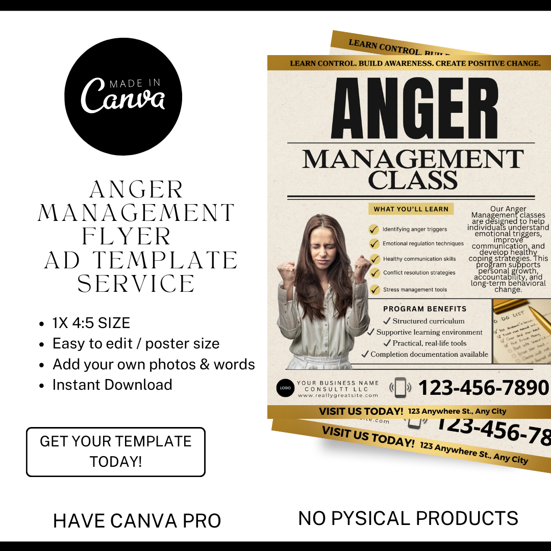 Anger Management Class Flyer | Court Approved Anger Management Program | Editable Canva Template | Counseling & Life Skills Flyer
