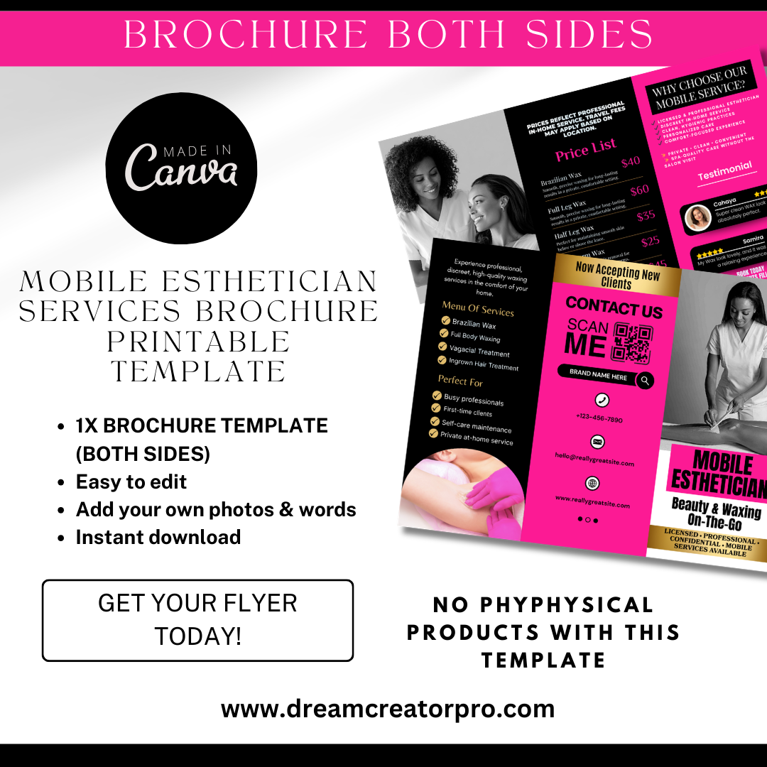 Mobile Esthetician Brochure Printable | Waxing On-The-Go Marketing | Beauty Business Brochure | Brazilian Wax Promo | Canva Template