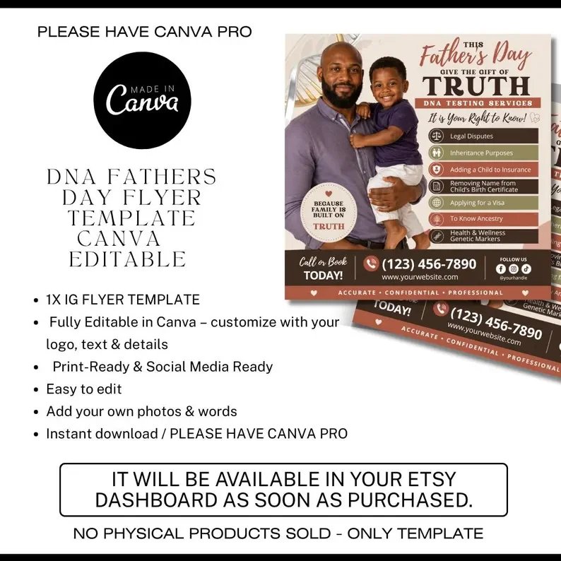 Father’s Day DNA Testing Flyer Template | Editable Canva DNA Services Flyer | Paternity Test Marketing Flyer | DNA Testing Social Media Post (Copy)