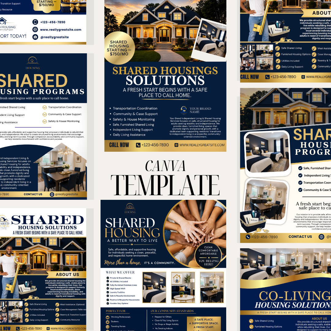 Shared Housing Independent Living Printable Flyer Bundle | Transitional Housing Canva Templates | Reentry, Seniors Supportive Living