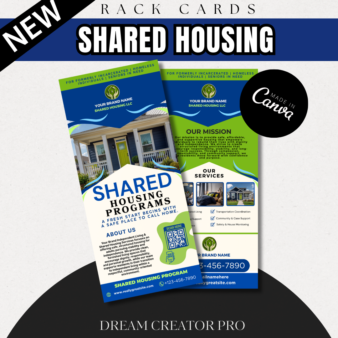 Shared Housing Rack Card Template | Independent Living & Reentry Housing Canva Marketing Card Design