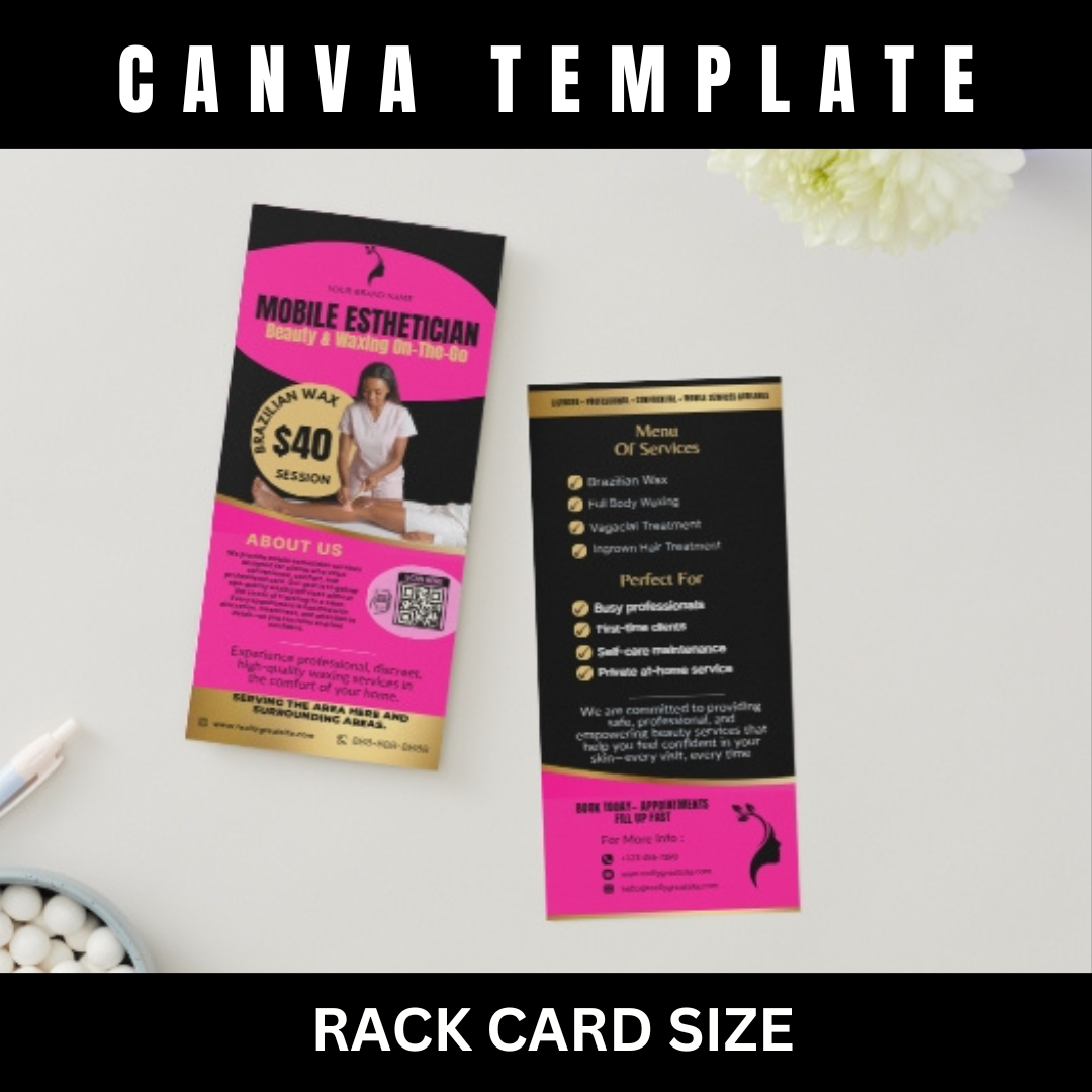 Mobile Esthetician Rack Card Printable | Waxing On-The-Go Marketing | Beauty Business Rack Card | Brazilian Wax Promo | Canva Template
