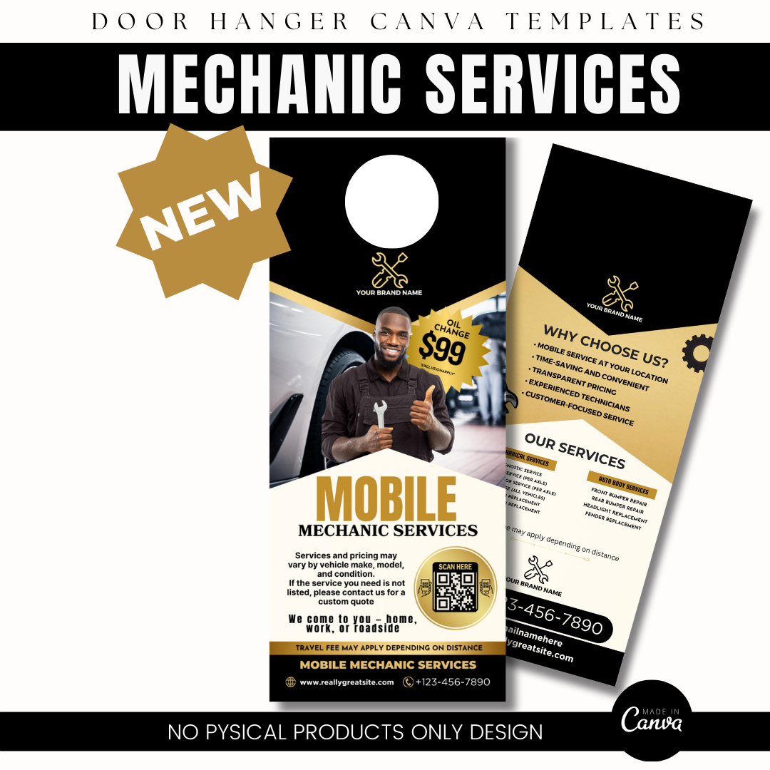 Mobile Mechanic Services Door Hanger Template | Auto Repair Door Hanger | Car Repair Marketing Flyer | Canva Editable Mechanic Template