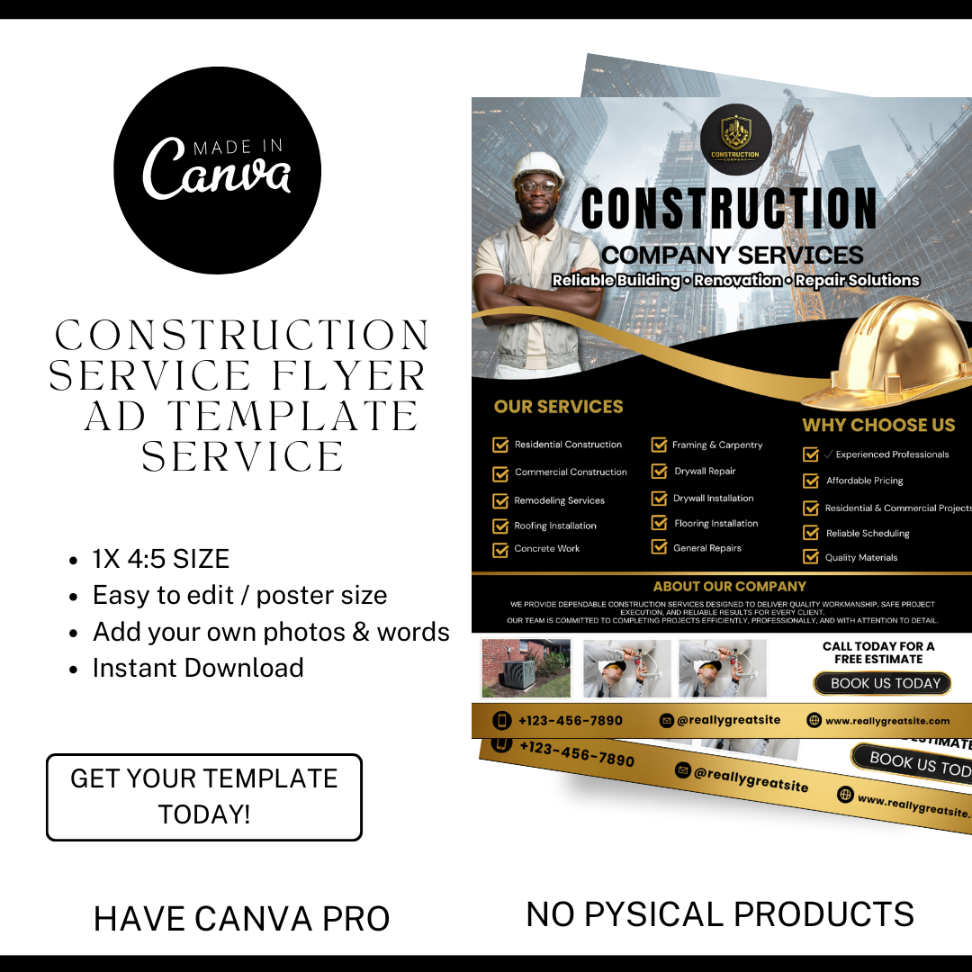 Construction Company Canva Template | Contractor Flyer Editable Marketing Template for Builders Remodelers Handyman Services