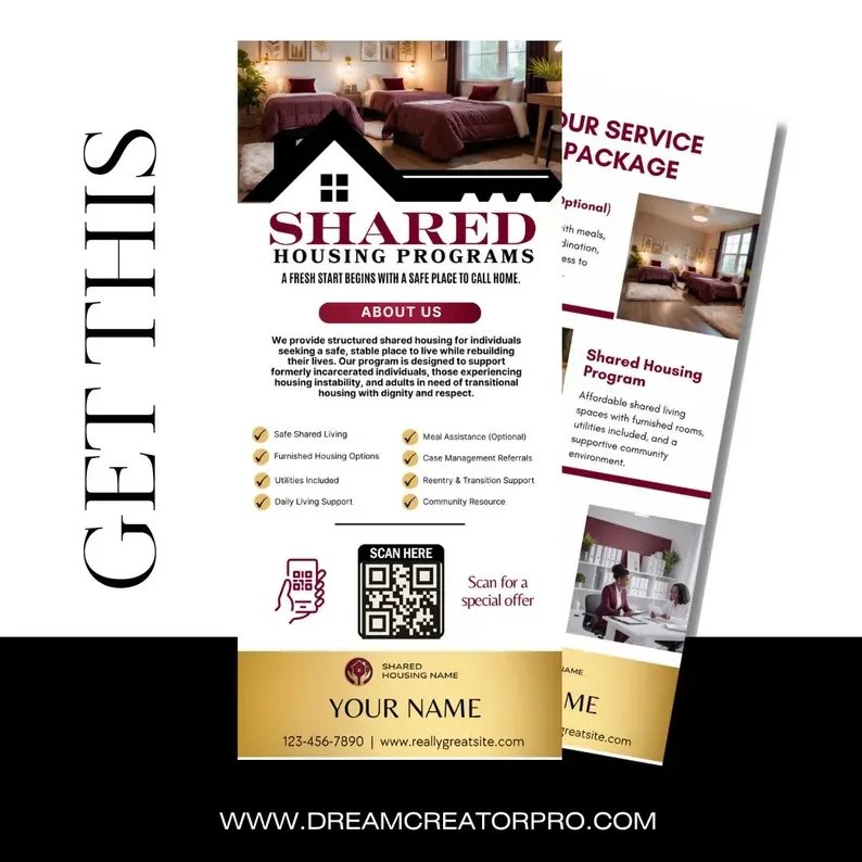 Shared Housing Rack Card Template | Independent Living & Reentry Housing Canva Marketing Card Design Dream Creator Pro