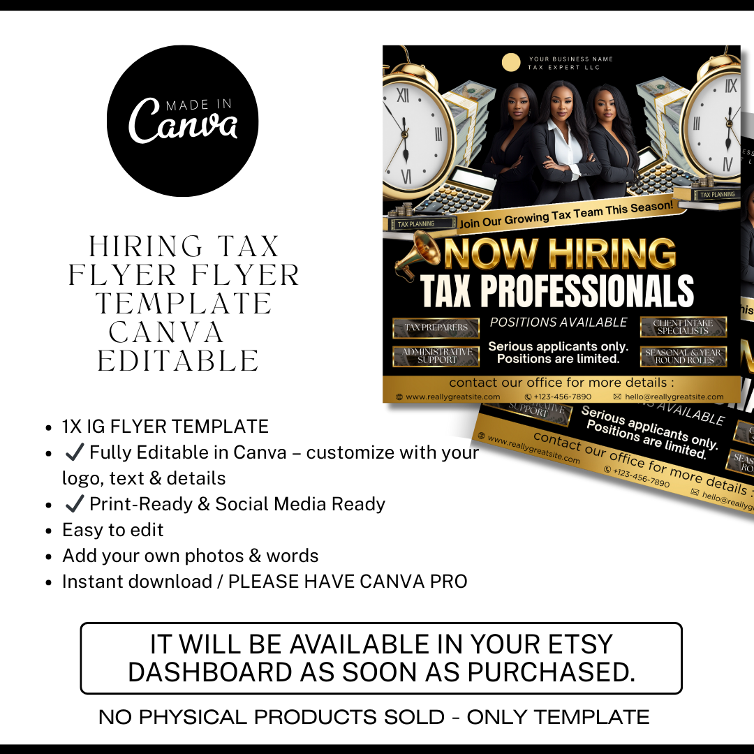 Now Hiring Tax Professionals Flyer Template | Tax Team Recruitment Canva Template | Tax Office Hiring Ad
