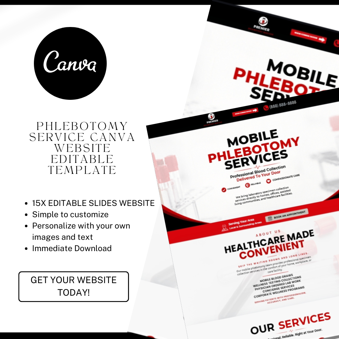 Phlebotomy Website Canva Template | Mobile Blood Collection Business Website | Healthcare Service Website Design | Editable Landing Page