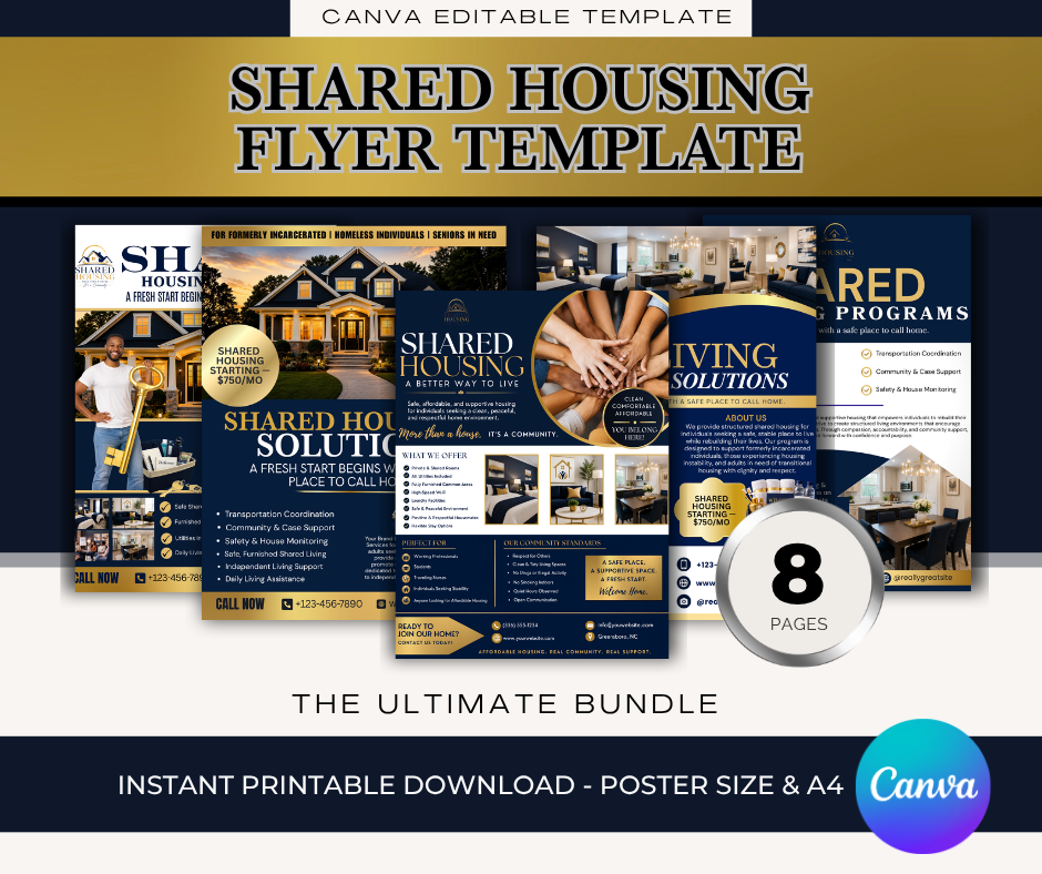 Shared Housing Independent Living Printable Flyer Bundle | Transitional Housing Canva Templates | Reentry, Seniors Supportive Living