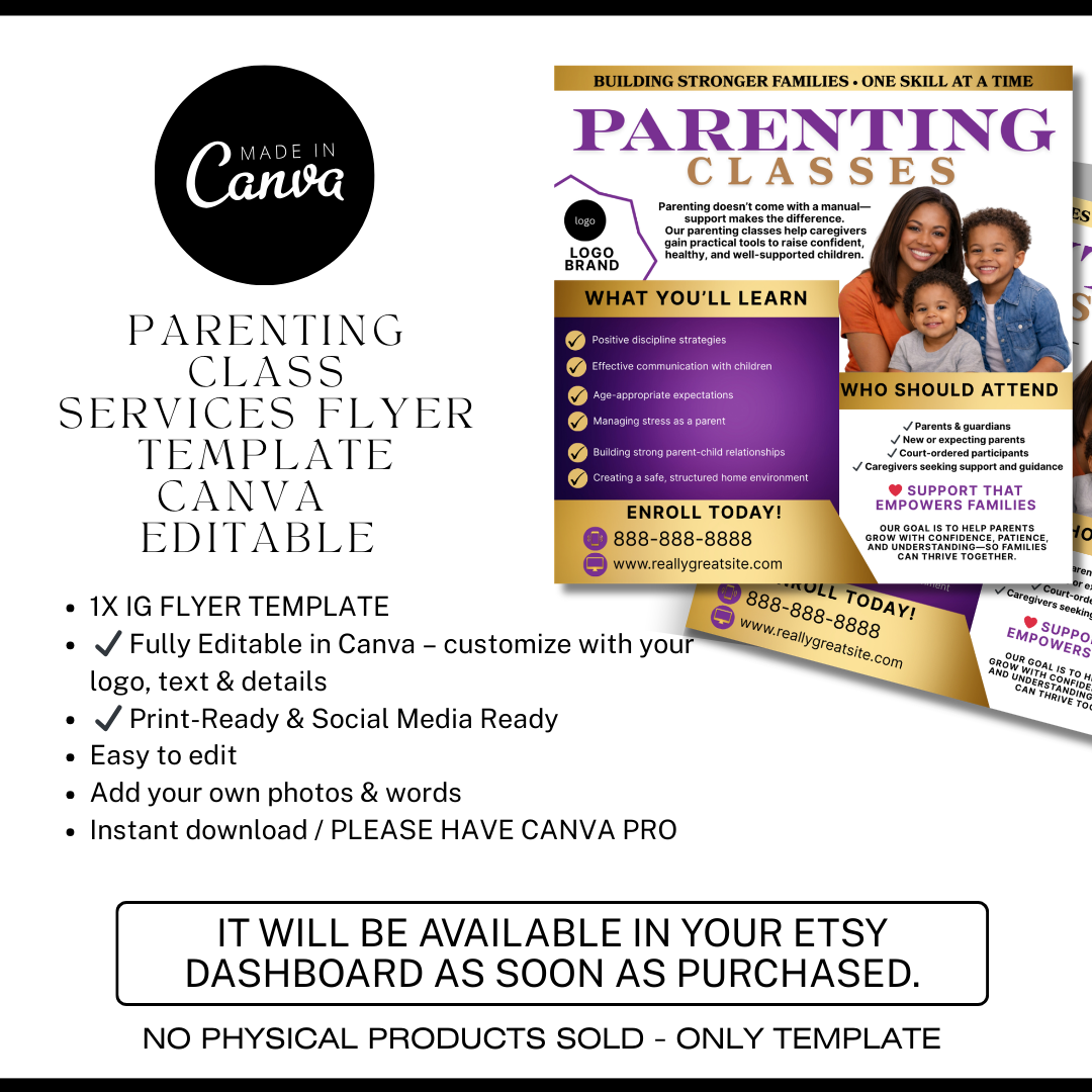 Parenting Class Flyer Template | Court Approved Parenting Classes | Family Education Program | Canva Editable Flyer