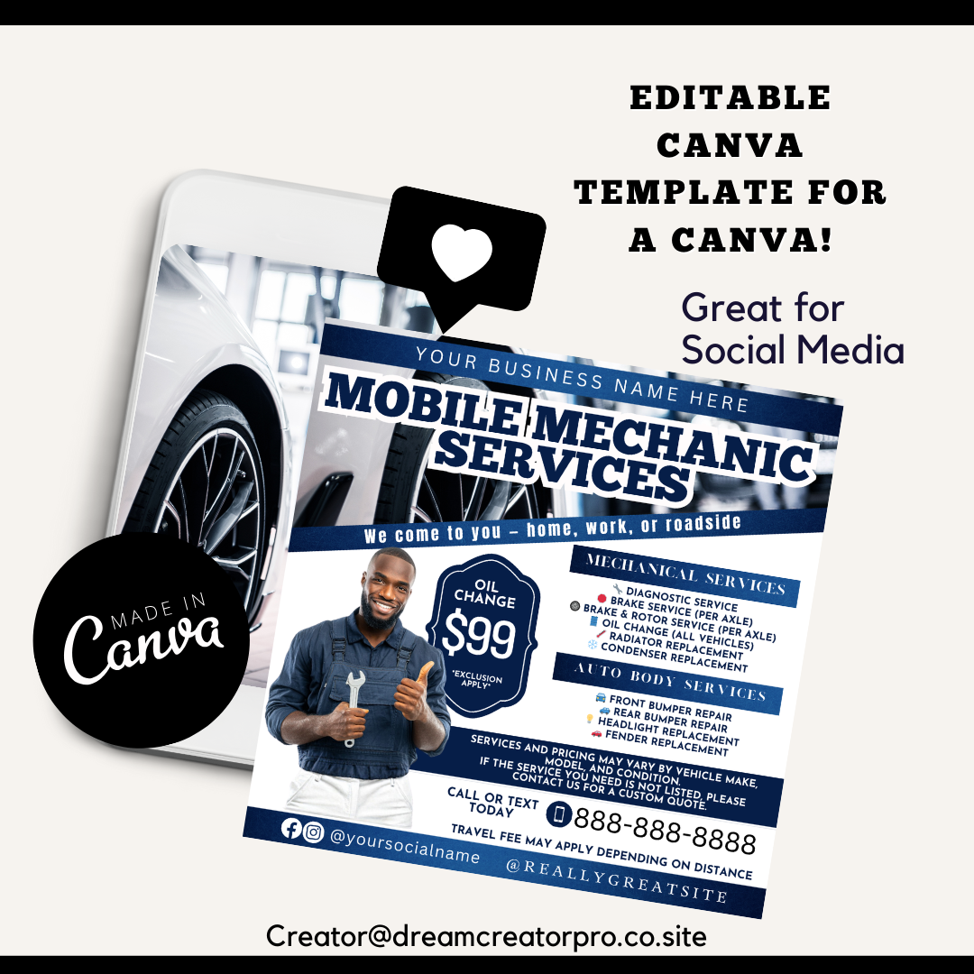 Mobile Mechanic Flyer Template | Auto Repair Services Price List | Canva Editable Mechanic Flyer | Mobile Auto Repair Marketing (Copy) (Copy)