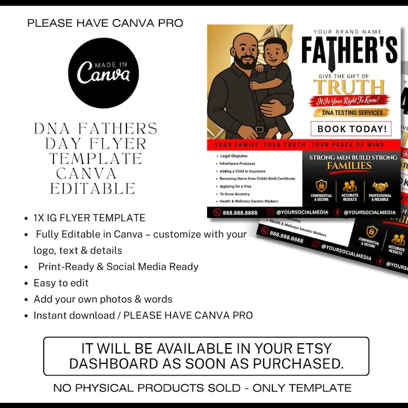 Father’s Day DNA Testing Flyer Template | Editable Canva DNA Services Flyer | Paternity Test Marketing Flyer | DNA Testing Social Media Post