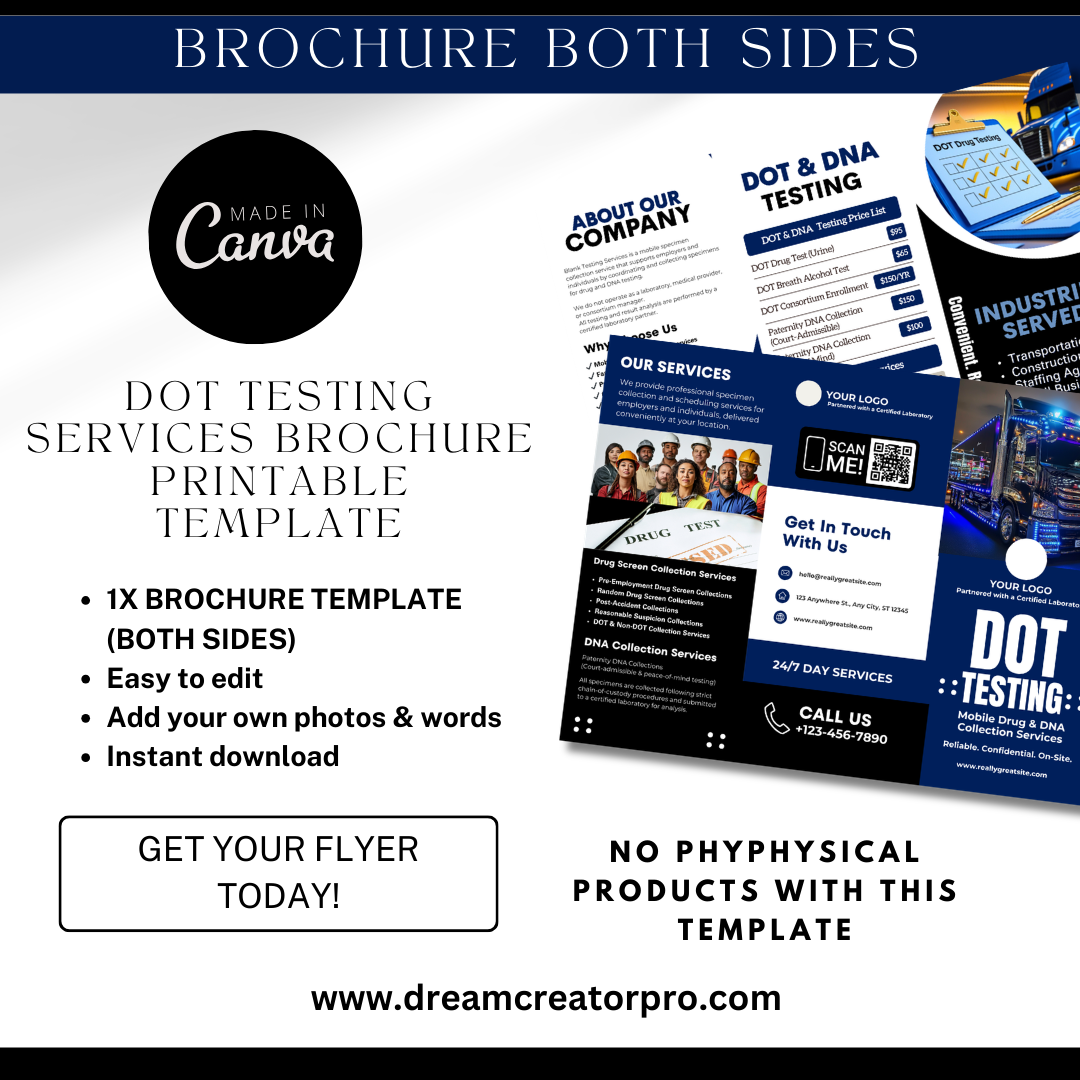 DOT Drug Testing Brochure Template | Mobile Drug & Alcohol Collection Services | Non-DOT Testing Flyer | Canva Editable Business Brochure