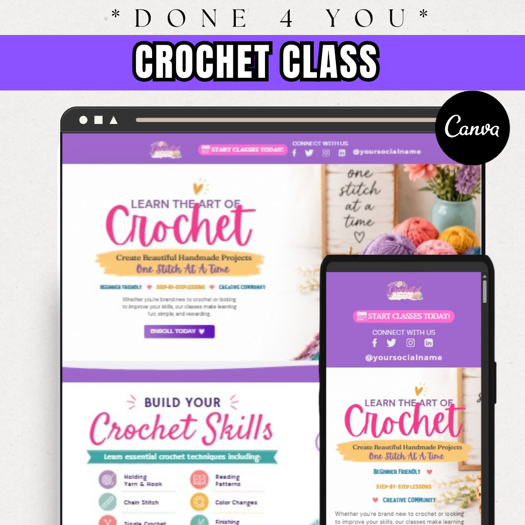 Crochet Class Website Template | Crochet Course Canva Website | Craft Business Website Design | Editable Canva Landing Page