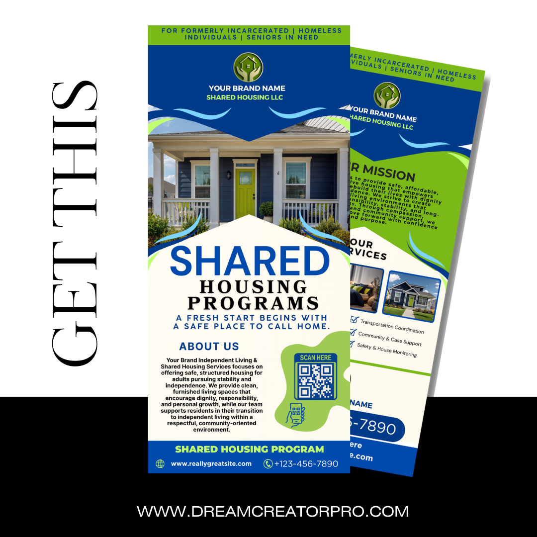 Shared Housing Rack Card Template | Independent Living & Reentry Housing Canva Marketing Card Design