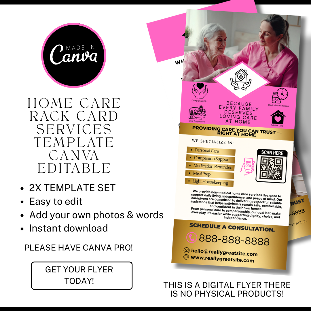 Home Care Service Rack Card / DIY Home Care Service Flyer/ Pink Home Care senior / Medical Template / Medical / Home Care / CNA / Printable