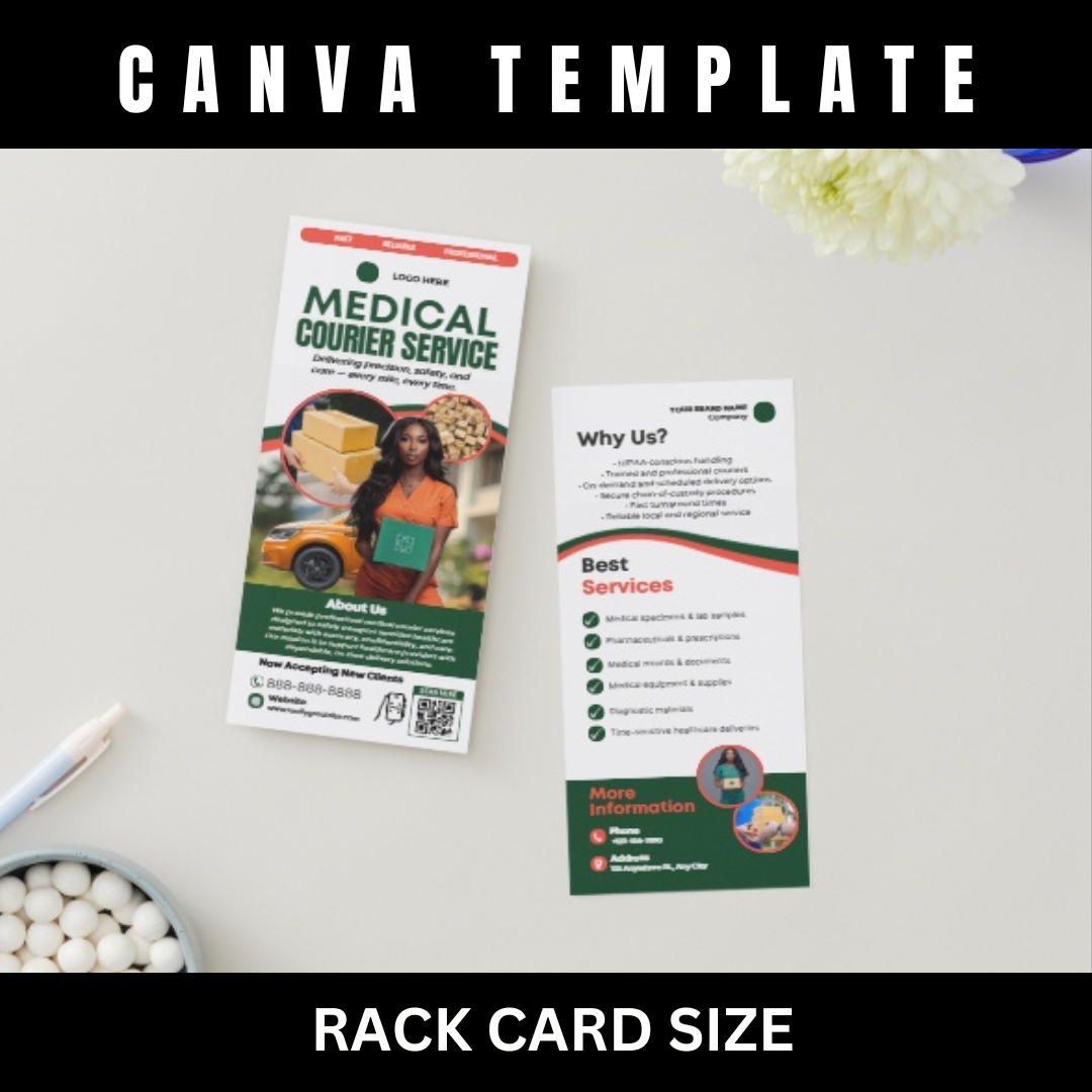 Medical Courier Services Rack Card Template | Healthcare Delivery Flyer | HIPAA Courier Marketing | Medical Transport Advertising | Canva Editable