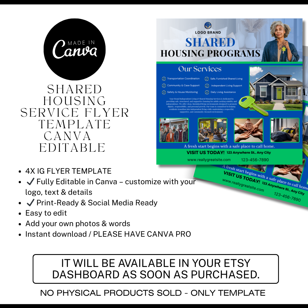 Shared Housing Flyer Template | Affordable Living Canva Flyer | Transitional Room Rental Ad | Editable Design / Bundle