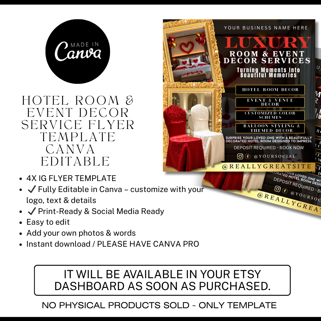 Hotel Room Event Decor flyer Template | Wedding, Proposal Party Decor Canva Design | Luxury Room Setup Marketing (Copy)