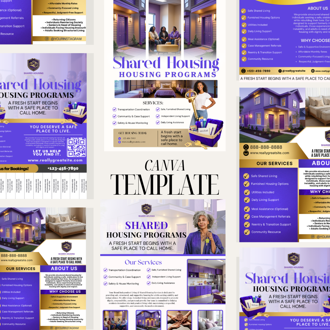 Shared Housing & Independent Living Printable Flyer Bundle | Transitional Housing Canva Templates | Reentry, Seniors & Supportive Living