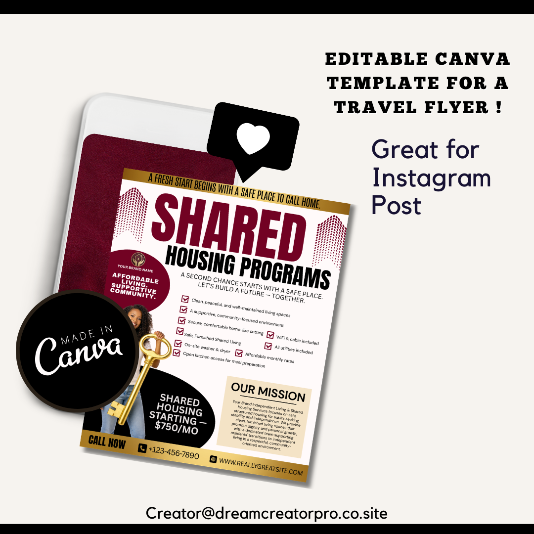 Shared Housing Flyer Template | Affordable Living Canva Flyer | Transitional Housing Room Rental Ad | Editable Design
