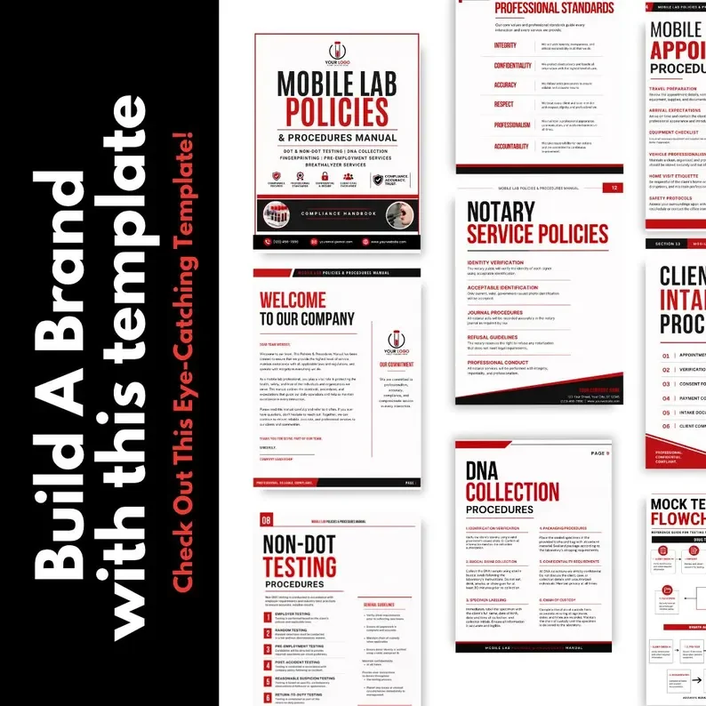 Mobile Lab Policies & Procedures Manual Canva Template | DOT Drug Testing SOP Handbook | DNA Fingerprinting Compliance Editable Forms