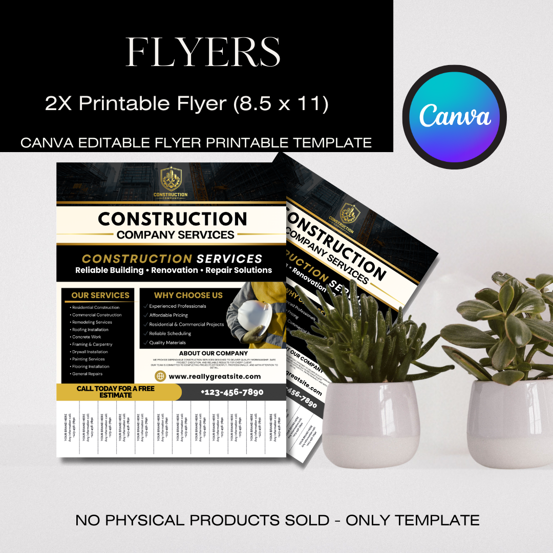 Construction Canva Template Bundle | Flyer Brochure Tear Off Flyer Business Card Rack Card Yard Sign Contractor Marketing Kit