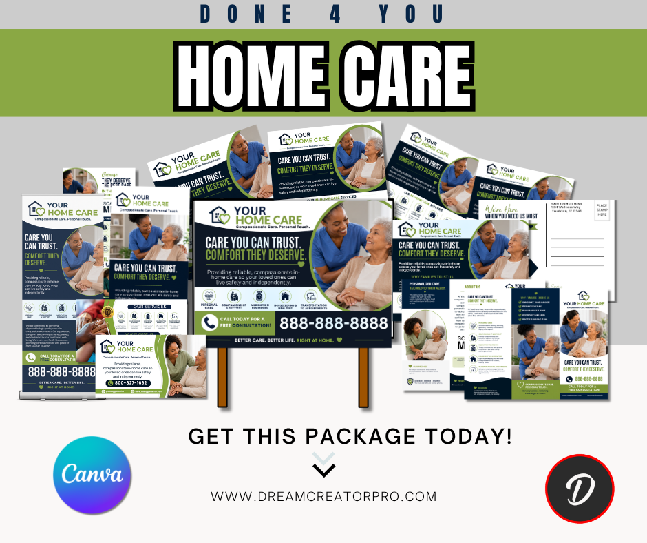 Home Care Marketing Bundle Canva Templates | Caregiver Flyer, Brochure, Yard Sign, Postcard, Business Card, Social Media Kit for Home Care Business
