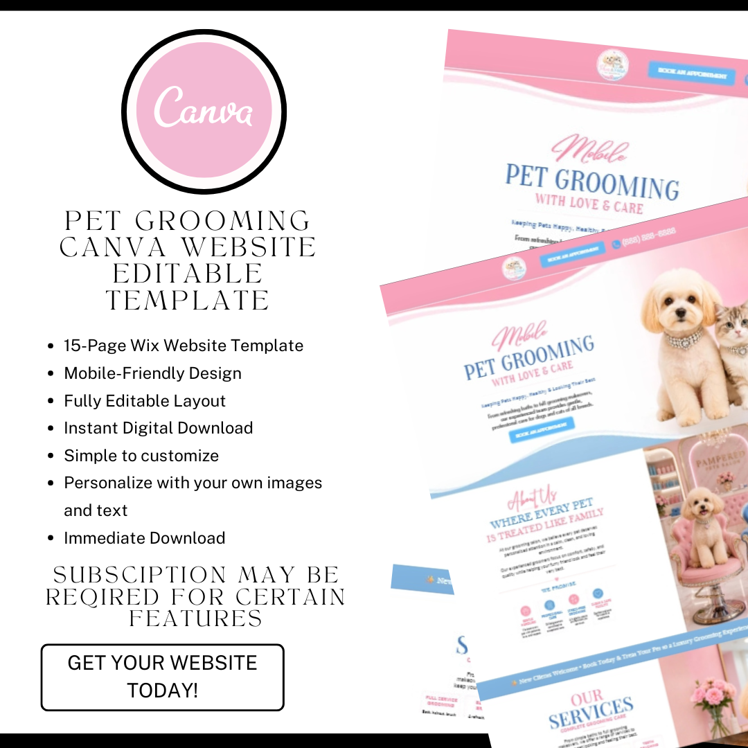Mobile Pet Grooming Canva Website Template | Editable Dog & Cat Grooming Website