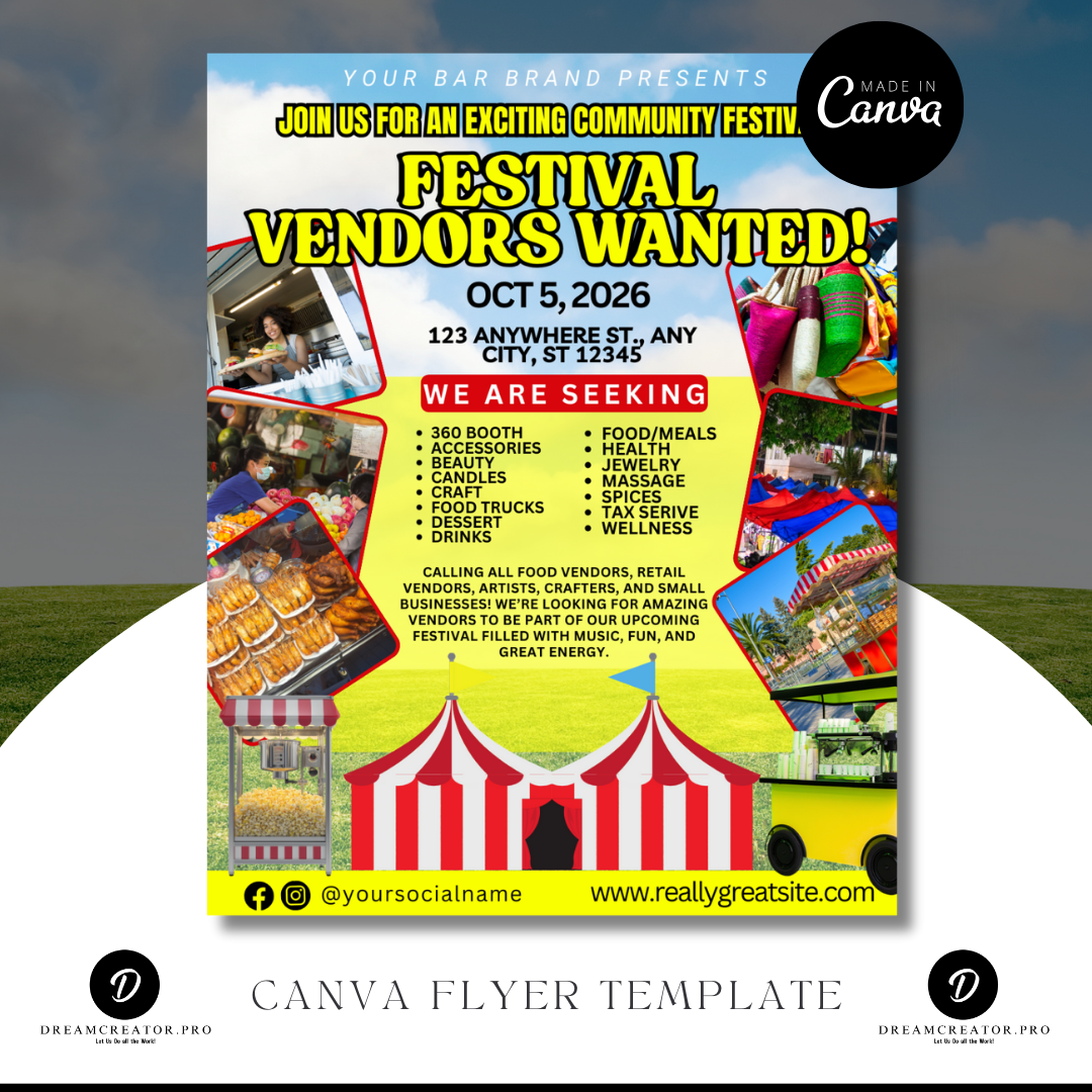 Festival Vendors Wanted Flyer Template | Vendor Call Event Flyer Canva Template for Food Trucks & Small Businesses