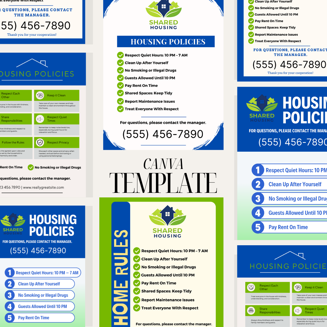 Shared Housing Policy Signs Printable | Independent Living House Rules Posters | Transitional Housing Program Wall Sign | Editable Canva Set