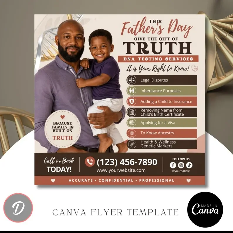 Father’s Day DNA Testing Flyer Template | Editable Canva DNA Services Flyer | Paternity Test Marketing Flyer | DNA Testing Social Media Post (Copy)