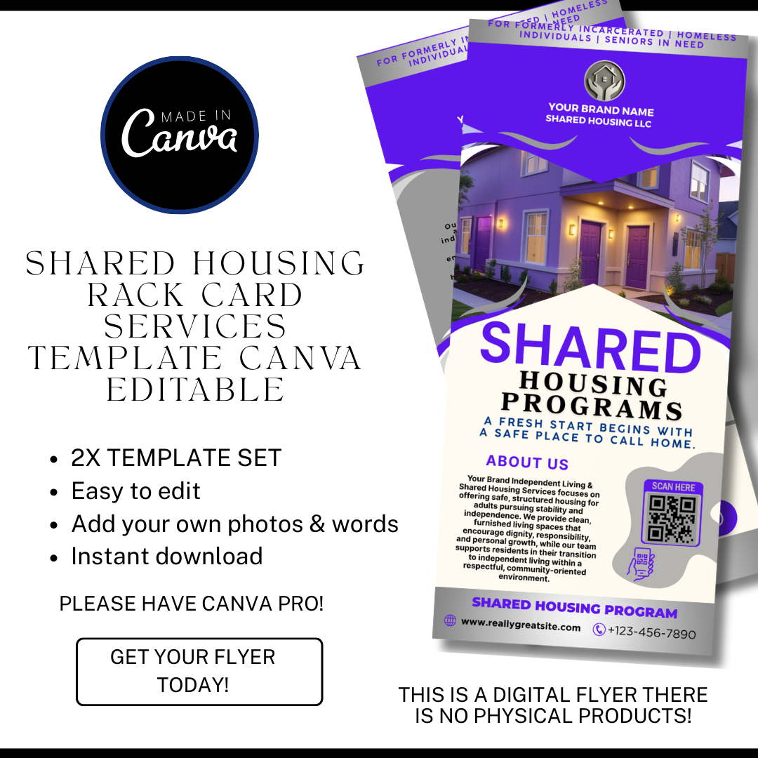 Shared Housing Rack Card Template | Independent Living & Reentry Housing Canva Marketing Card Design (Copy)