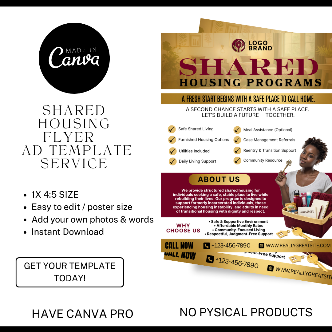 Shared Housing Flyer Template | Affordable Living Canva Flyer | Transitional Housing Room Rental Ad | Editable Design