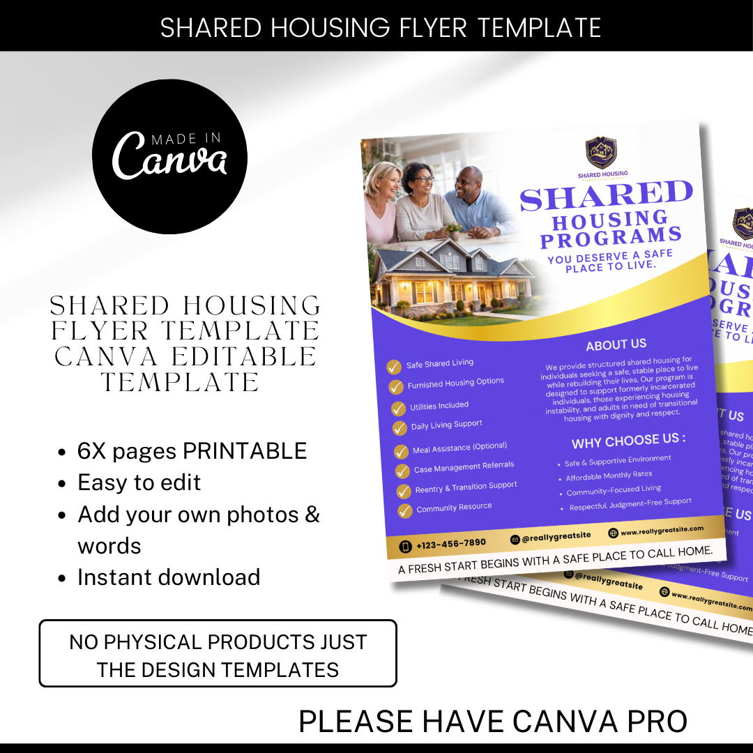 Shared Housing & Independent Living Printable Flyer Bundle | Transitional Housing Canva Templates | Reentry, Seniors & Supportive Living