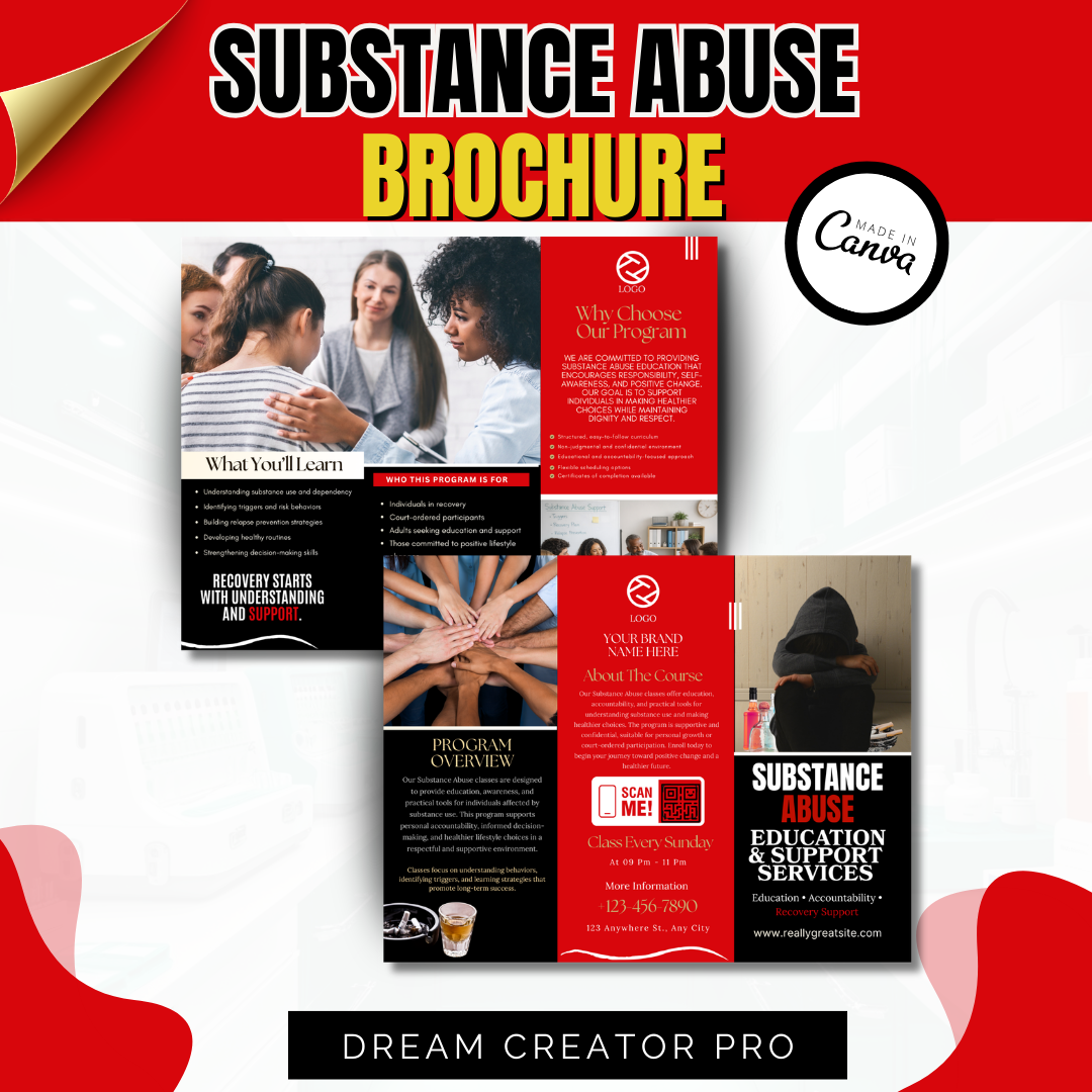 Substance Abuse Brochure Template | Addiction Education Program | Court Ordered Classes Flyer | Canva Editable Tri-Fold Brochure