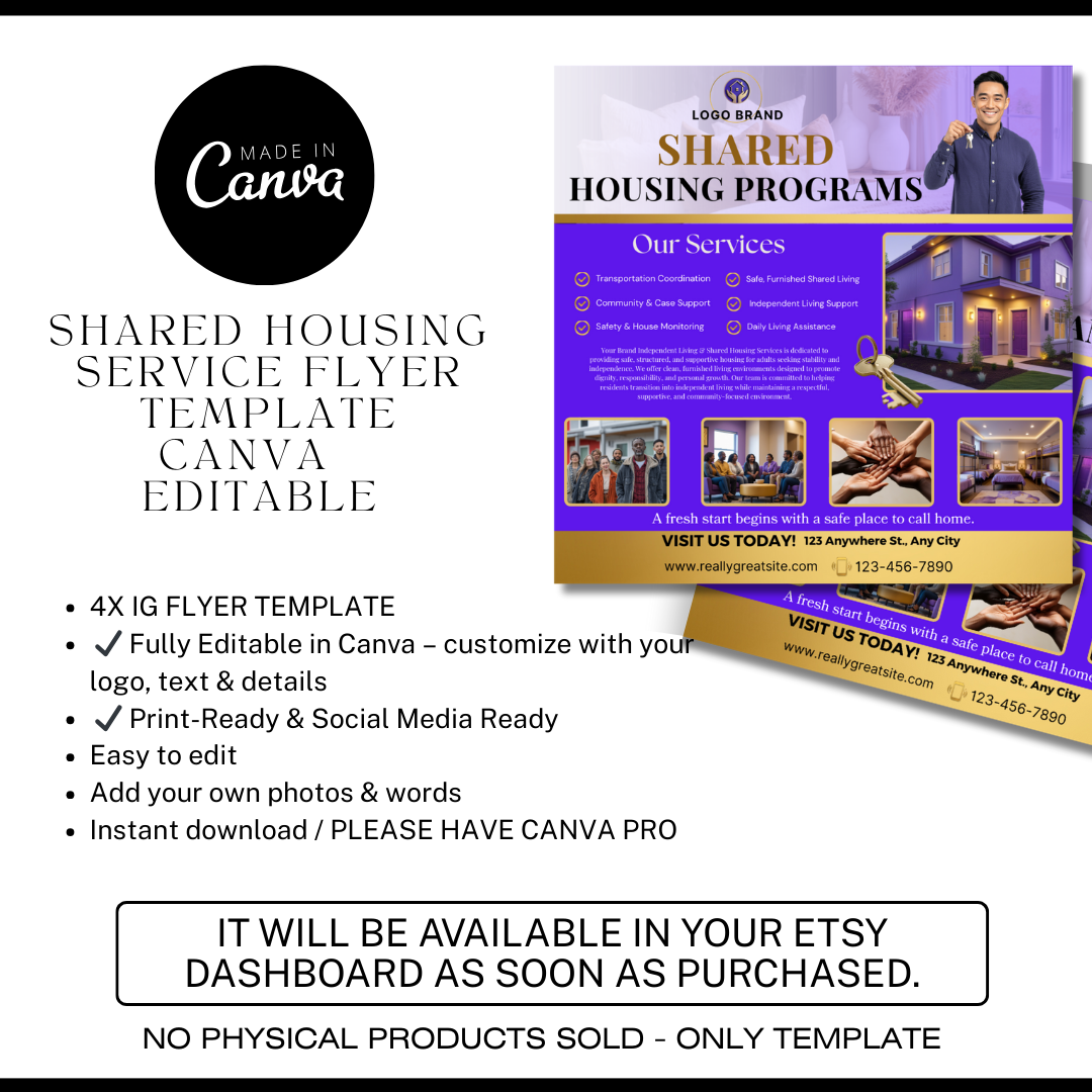 Shared Housing Flyer Template | Affordable Living Canva Flyer | Transitional Room Rental Ad | Editable Design / Bundle (Copy)