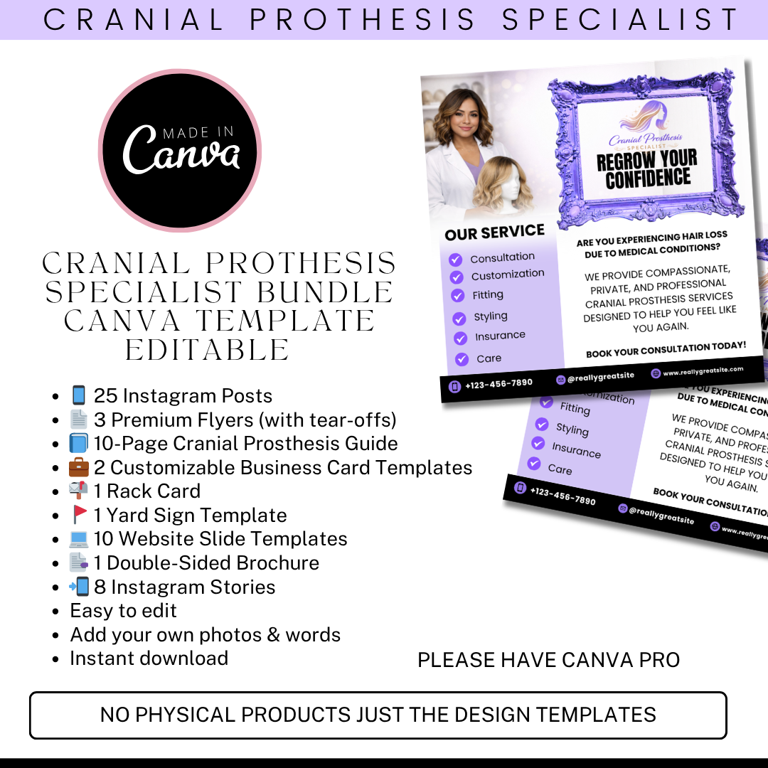 Cranial Prosthesis Specialist Ultimate Business Bundle | Editable Canva Template Kit / Custom Medical Wig Template / salon business Website