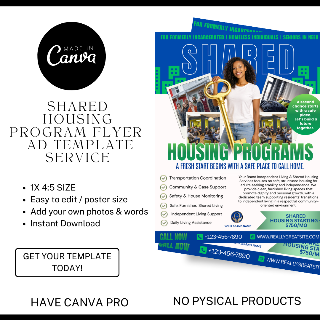 Shared Housing Flyer Template | Affordable Living Canva Flyer | Transitional Housing Room Rental Ad | Editable Design (Copy)