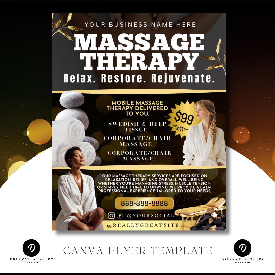 Mobile Massage Flyer Canva Template | Editable Massage Therapy Service Flyer | At-Home Spa & Wellness Printable Business Marketing