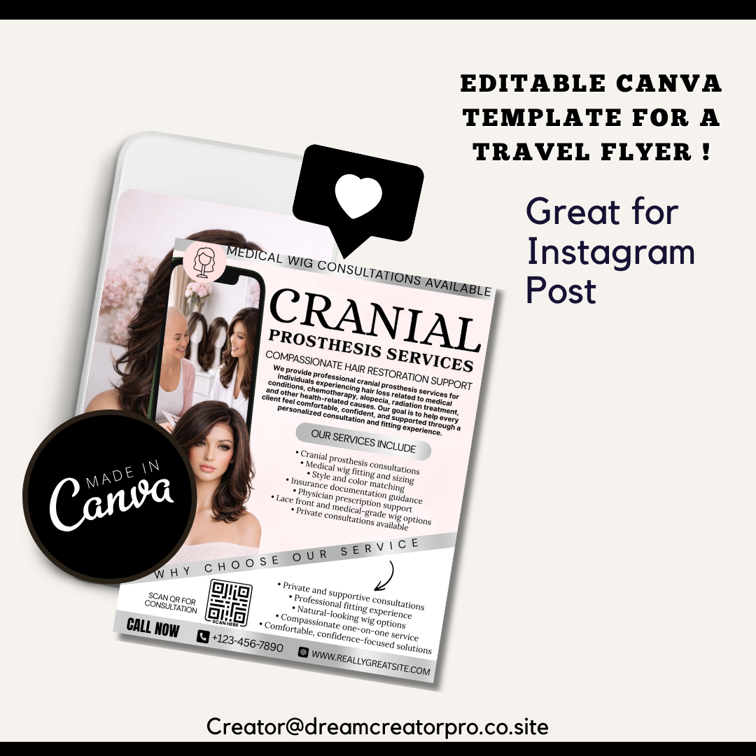 Cranial Prosthesis Service Flyer Template | Editable Canva Medical Wig Flyer | Hair Loss Consultation Marketing Template