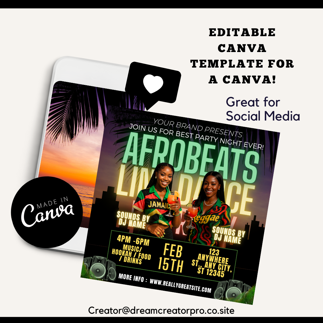 Reggae Club Night Flyer Template for Canva | IG Post | Editable Caribbean Party Flyer | Dancehall, Afrobeat, Island Vibes Event Promo